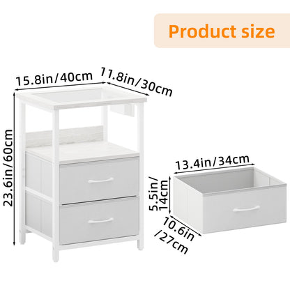 TOMNK Nightstand with LED Lights & Charging Station, Side Table with Tempered Glass Top, USB Ports & Outlets, Fabric Drawers for Bedroom/Living Room, White