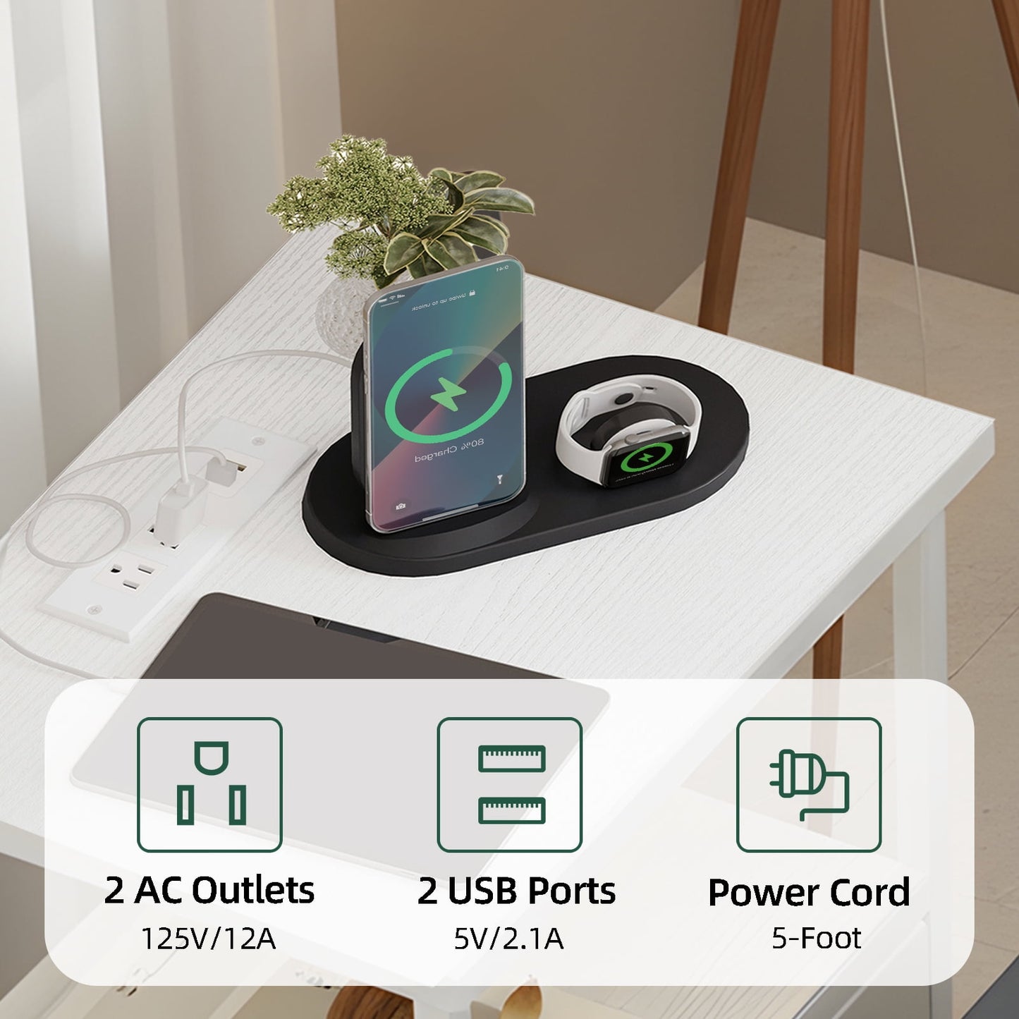 Fairy Night Stand with Charging Station, Bed Side Table, Nightstand with 2 Fabric Storage Drawers, White