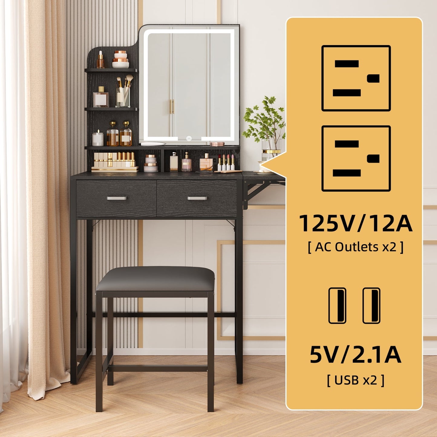 Tomnk woo Black Vanity Desk with Mirror, LED Lights, Storage Shelves, Drawers & Chair