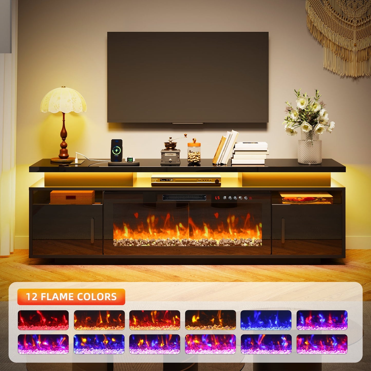 TOMNK 67" Modern Fireplace TV Stand with 36" Electric Fireplace for TVs Up to 80 inch, Luxury LED Light Entertainment Center with High Gloss Cabinet, TV Consoles for Living Room, Black