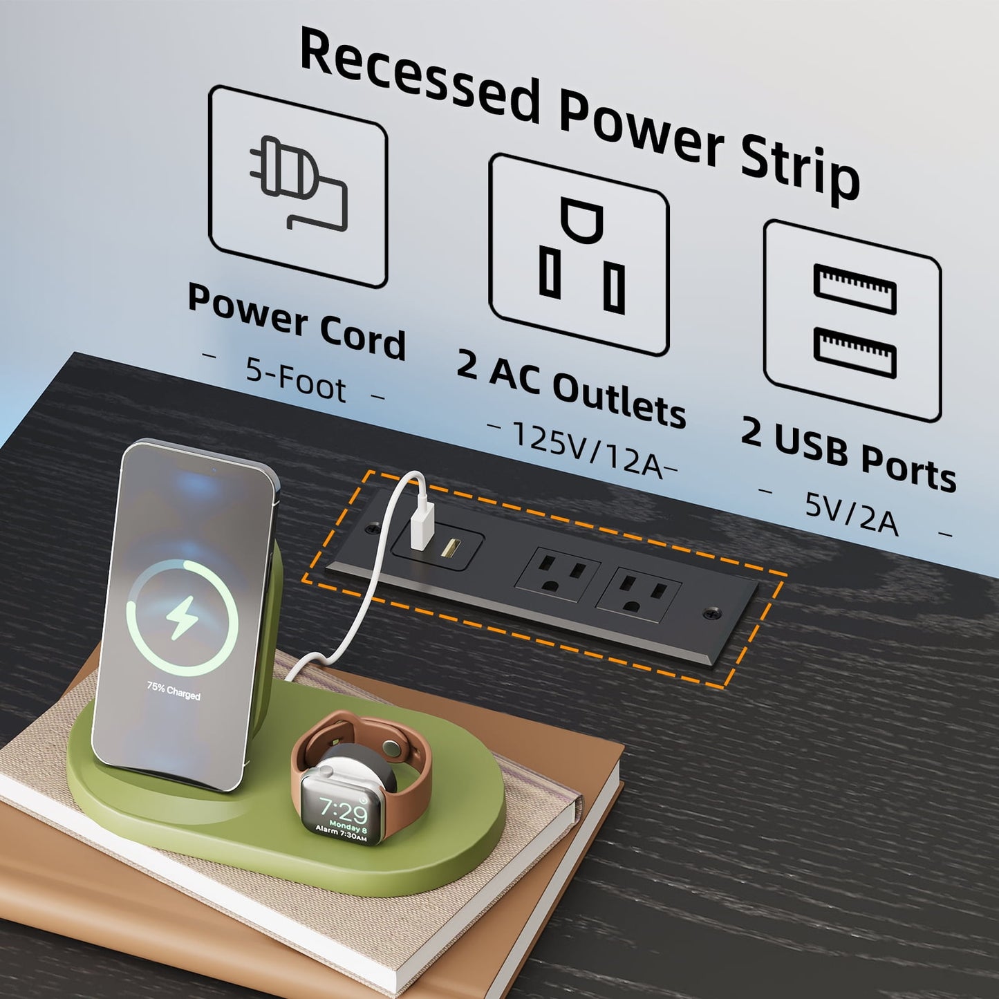 TOOMNK Black Nightstand with Charging Station, Bedside Table for Bedroom, LED Nightstand, Modern Night Stand with Drawers, Black