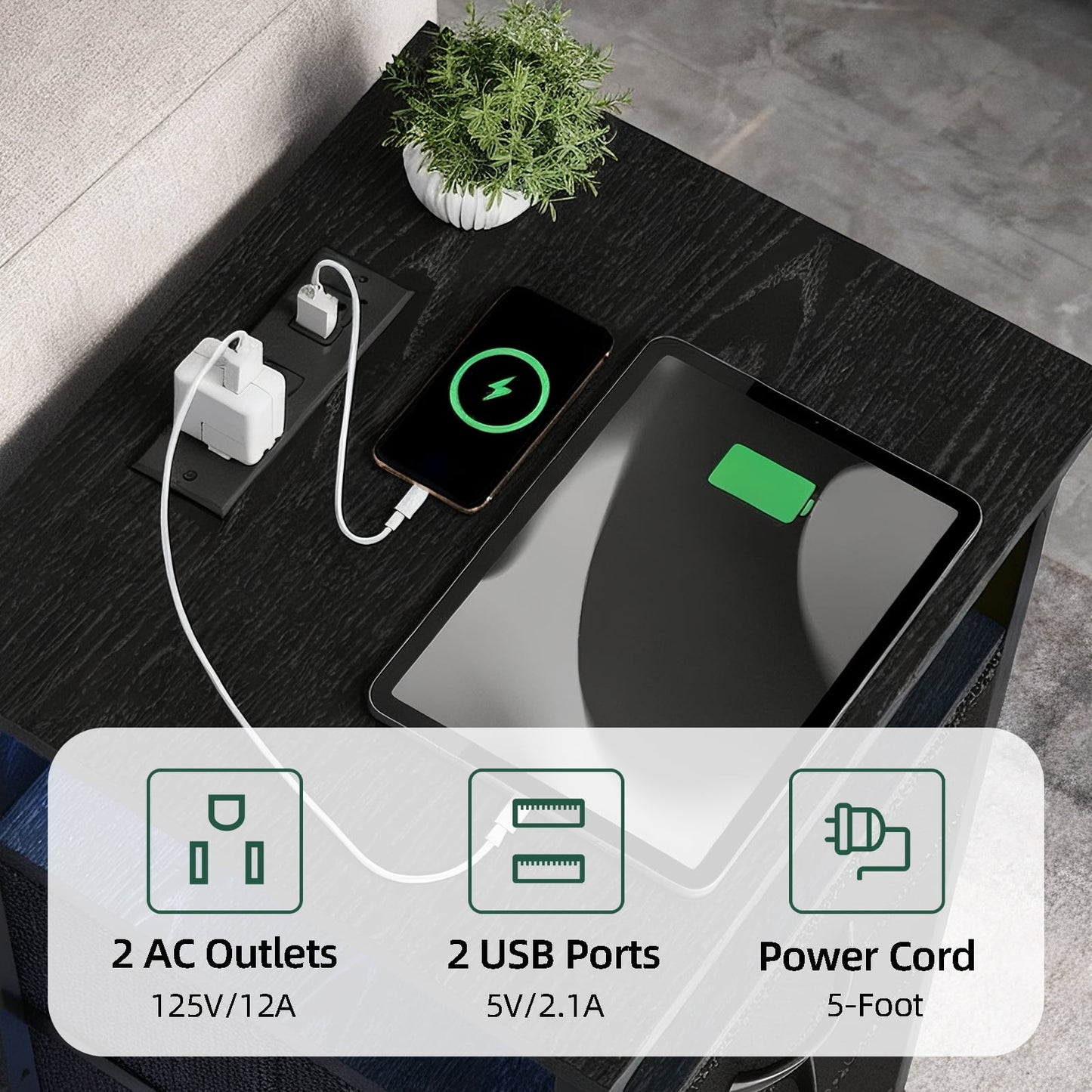 Fairy Nightstand Set of 2, 4 Drawer Night Stand with Charging Station, LED Bedside Table, Storage Side Table for Bedroom, Black